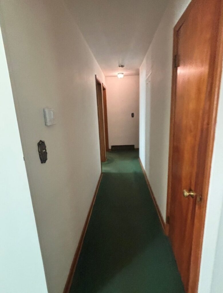 A narrow hallway with green carpet, white walls, wooden doors on the right, and a light fixture at the end.